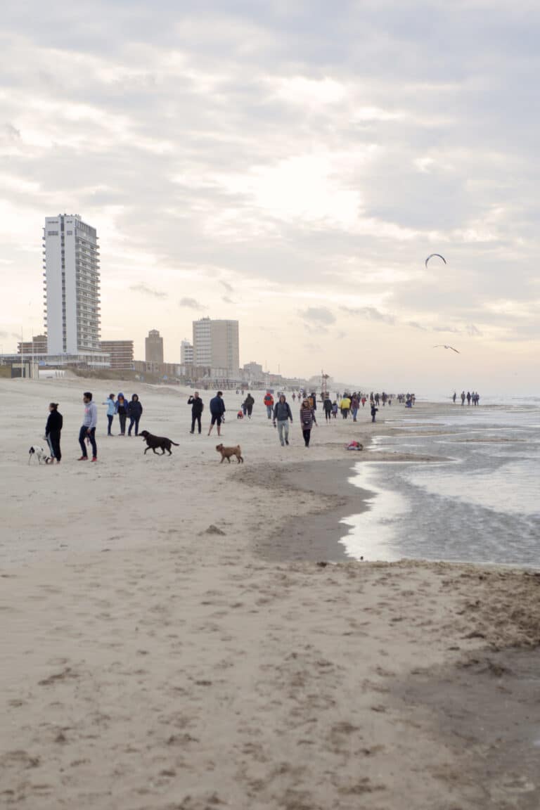 Mensen wandelen op het strand met de skyline van Zandvoort op de achtergrond